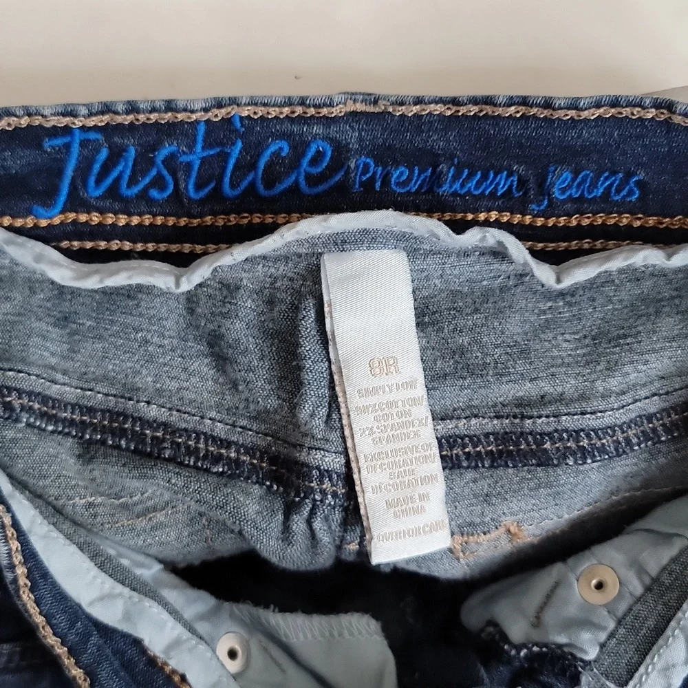 Justice Girls Premium Denim Jeans Straight Leg Snap Closure Dark Wash Blue 8R